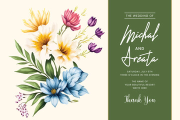 Banner with white background blue and green watercolor stains. Golden cherry leaves wall art with shiny light texture.