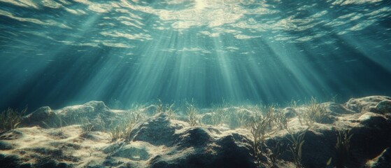 Obraz premium Natural sunlight underwater through water surface with seagrass and rock on the seabed