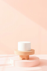 minimalist product display with white cylinder on wooden tiers