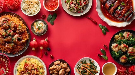 Top view of delicious chinese food meal on red table background for celebration Chinese New Year