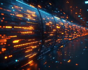 Data stream flowing through server room.
