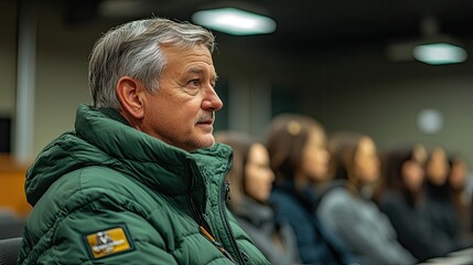 A man in a green jacket sits in a lecture hall, listening attentively to the speaker.