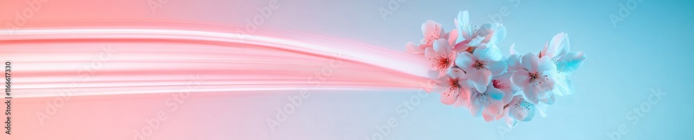 Poster vibrant spring blossoms in dynamic motion with pastel gradient background