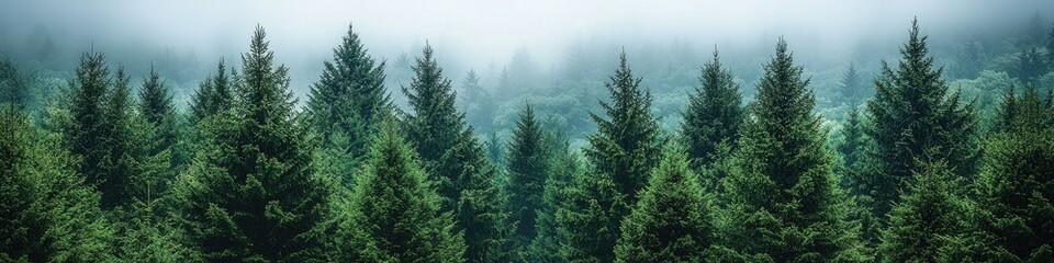 Fototapeta premium Lush green forest landscape shrouded in mist, evoking tranquility and nature's beauty.