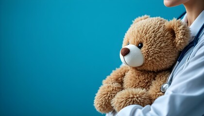 A pediatrician cradles a teddy bear, embodying warmth and support for young patients