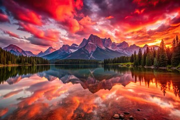 Stunning Ruby Landscape: Classic Nature Photography, Vibrant Red Scenery, Breathtaking Views, Majestic Mountains, Serene Lake, Dramatic Sky
