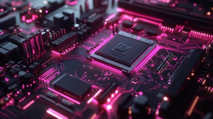 Obraz premium A close-up of a circuit board illuminated with pink lights, showcasing technology and design.