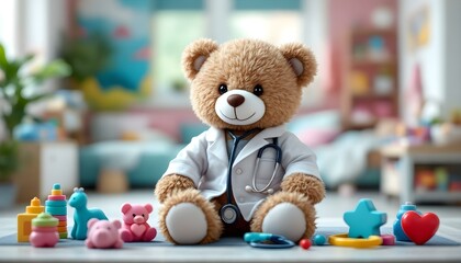 A teddy bear attired in a doctor's coat lies on a bed, reflecting pediatric themes and the delight of childhood toys