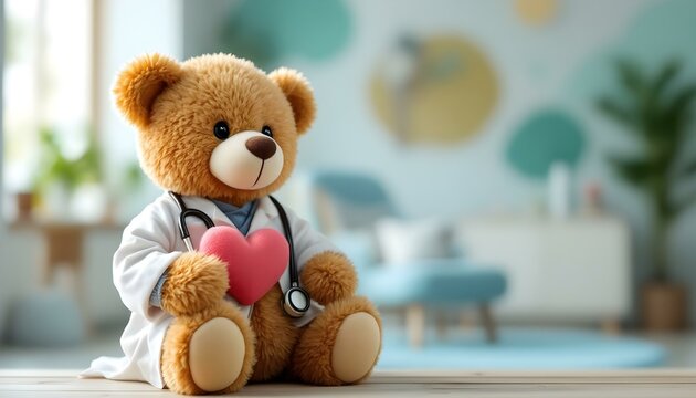 Naklejki A teddy bear wearing a doctor's outfit holds a heart, illustrating the warmth of pediatric medicine