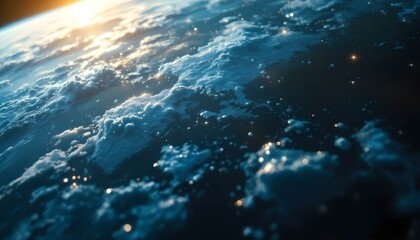 A radiant sun shines over the Earth, highlighting its beauty against the backdrop of space