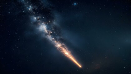 Fototapeta premium A shining comet floats in the expanse of space, radiating bright light and leaving a smoky path in its wake