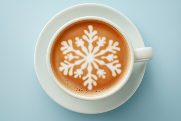 A top-down view of a coffee cup with intricate snowflake latte art, placed on a pastel blue background, conveying warmth and a winter holiday mood.