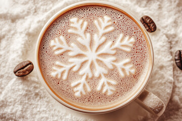 Winter symbol, snowflake coffee latte art. Top view of a cup of hot chocolate featuring a beautiful snowflake foam art on a neutral background, creating a cozy and festive feel.