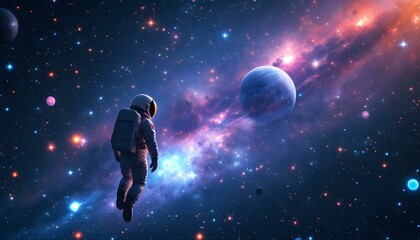 Fototapeta premium An astronaut floats in the vastness of space, surrounded by distant planets and twinkling stars