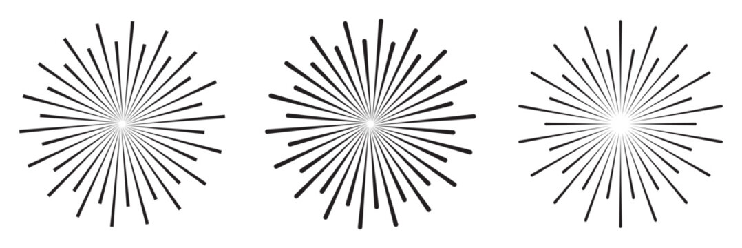 Retro Sun burst shapes. Vintage starburst logo, labels, badges. Sunburst minimal logo frames. Vector firework design elements isolated.