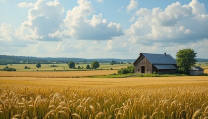 Golden Wheat Field with Rustic Barn - Idyllic Countryside Landscape