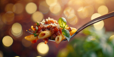 Penne pasta with bolognese sauce, parmesan cheese, and fresh basil garnish lifted on a fork against a warm, bokeh background