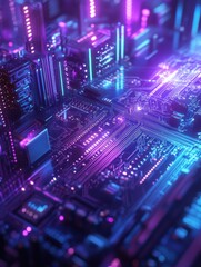 Blue and purple technology circuit board background with glowing electronic components - futuristic digital concept for innovation and connectivity