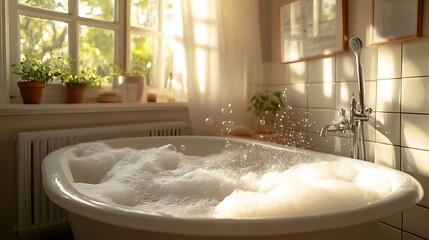 Sunlit bathroom with a frothy bathtub, plants, and window.
