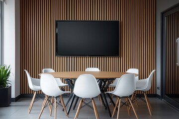 Mockup of a conference room with wood accents and round table.