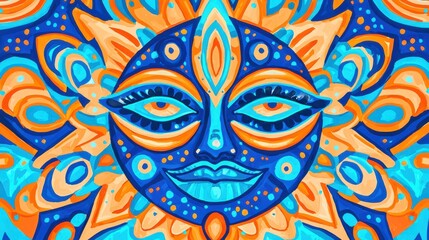 Naklejka premium Psychedelic Sun Face Art - Vibrant Colors and Bold Design