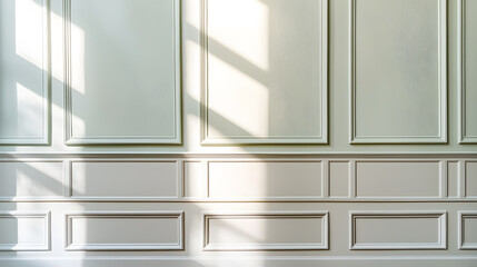 Muted pastel wainscoted wall with soft shadows creating serene atmosphere. elegant design enhances any interior space, adding touch of sophistication and calm