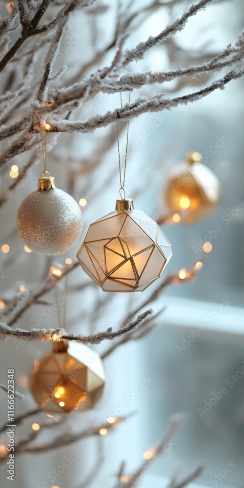 Poster minimalist gold geometric ornaments on frosted tree branch with ambient lighting