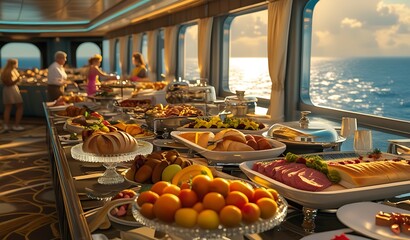 Fototapeta premium Coastal Dining Experience , Restaurant with Global Flavors by the Sea, Seaside Restaurant with Multi-Cuisine Menu, Fresh Seafood, Grilled Dishes & Cocktails