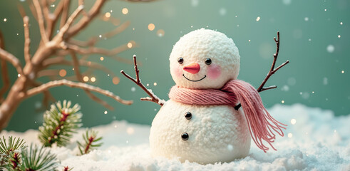 Obraz premium cheerful snowman wearing a pink scarf stands the snow.
