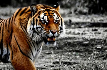 Obraz premium Powerful tiger, its stripes blending seamlessly with the dark undergrowth, embodies the raw power of the wild.