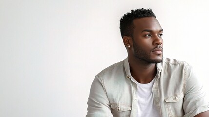 Obraz premium Serious Black Man in Casual Outfit Posing Against White Background