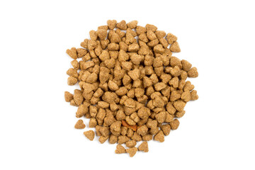 Pile of cat food isolated on white background. Dry cat food.