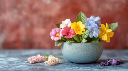 Colorful Flowers in a Rustic Blue Bowl