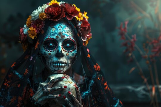 Calavera Catrina with sugar skull makeup for Dia de los Muertos.