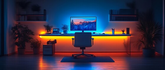 Illuminated gamer workspace with LED lights.