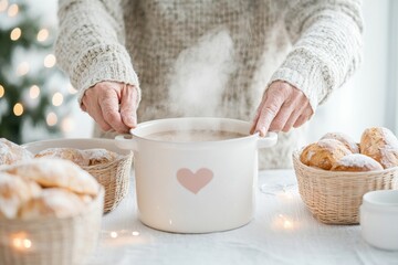 Community Volunteers Serving Warm Soup in Festive Winter Setting