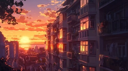Vibrant sunset over city buildings with warm light illuminating balconies and windows.