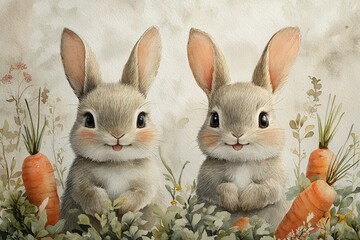 Fototapeta premium Two cute rabbits surrounded by greenery and carrots, depicting a whimsical, nature-inspired scene.