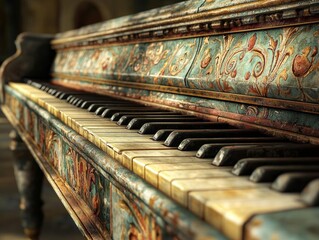 An intricately designed, vintage piano showcases its ornate detailing and aged keys, highlighting...