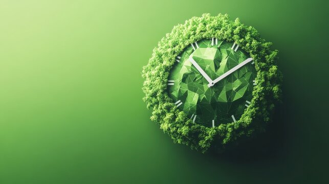Low poly wireframe earth clock, symbolizing the depletion of land resources, on a green background - Powered by Adobe