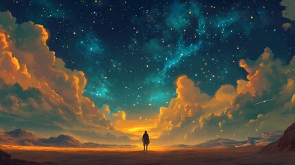 Obraz premium Lone figure silhouetted against a vibrant sunset and starry night sky.