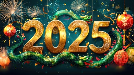 Bright and colorful display of the number "2025" with fireworks, lanterns and snake decorations for New Year. The text is in gold letters on a luxurious background. Ai