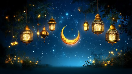 Illuminated Lanterns Hanging Underneath A Night Sky