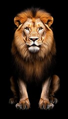 Obraz premium A majestic lion with a flowing mane, sitting gracefully against a black background.