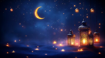 Illuminated Lanterns Underneath A Crescent Moon And Starry Night
