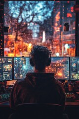 Obraz premium Immersive Retro Gaming Setup with Neon Lighting and Mismatched Monitors