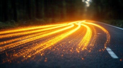 Glowing Trails Of Light On A Dark Road