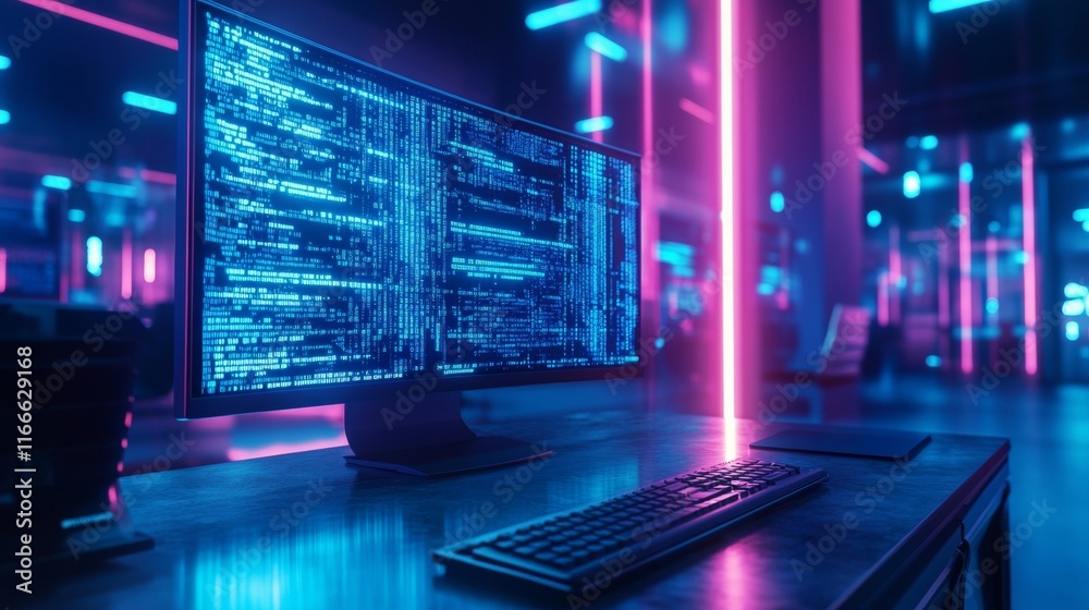 Aufkleber Futuristic Tech Workspace with Neon Glow and Coding Display
