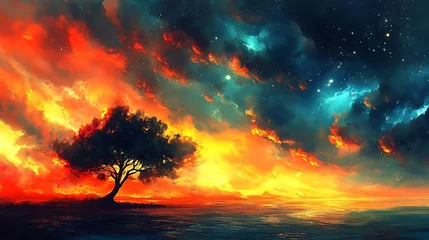 Tableau sur plexiglas  Fiery sunset over calm waters nature art vibrant landscape dreamy viewpoint expressive concept  © Win Warinton