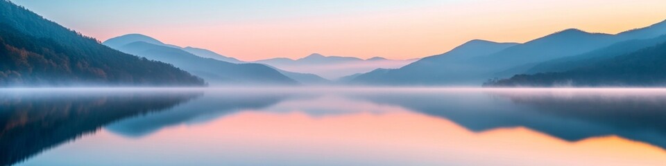 Obraz premium Surreal Reflections Pastel Sky Over Foggy Lake and Mountains